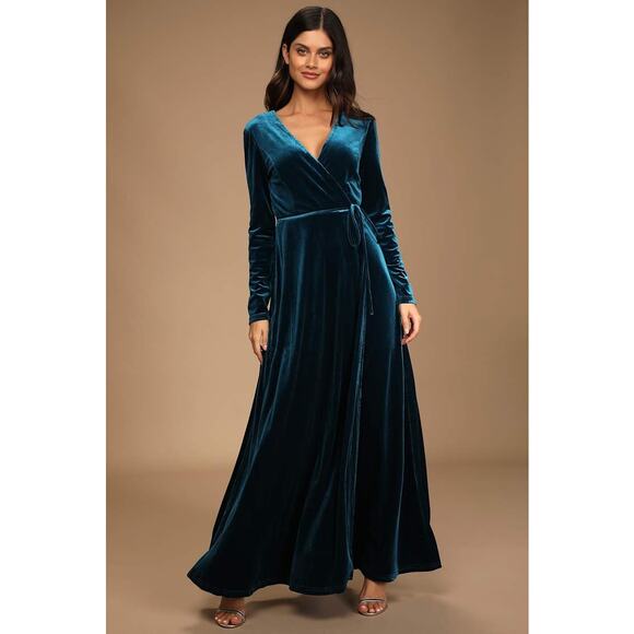 MEDIUM Lulu’s Jacinda Teal Blue Velvet Wrap Maxi Dress - Picture 1 of 6